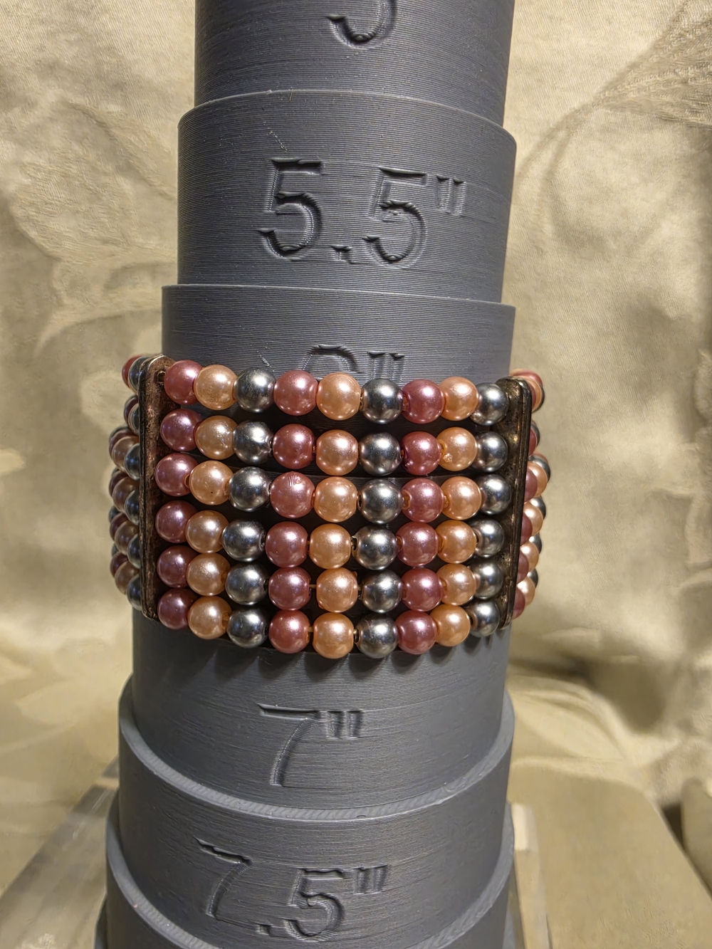 #1227 Multi-Row Pearl Bead Stretch Bracelet - Pink, Peach & Metallic Gray